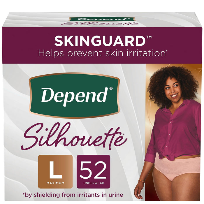 Depend Silhouette Adult Incontinence and Postpartum Underwear for Women, Large, Maximum Absorbency, Pink, 52 Count (2 Packs of 26), Packaging May Vary