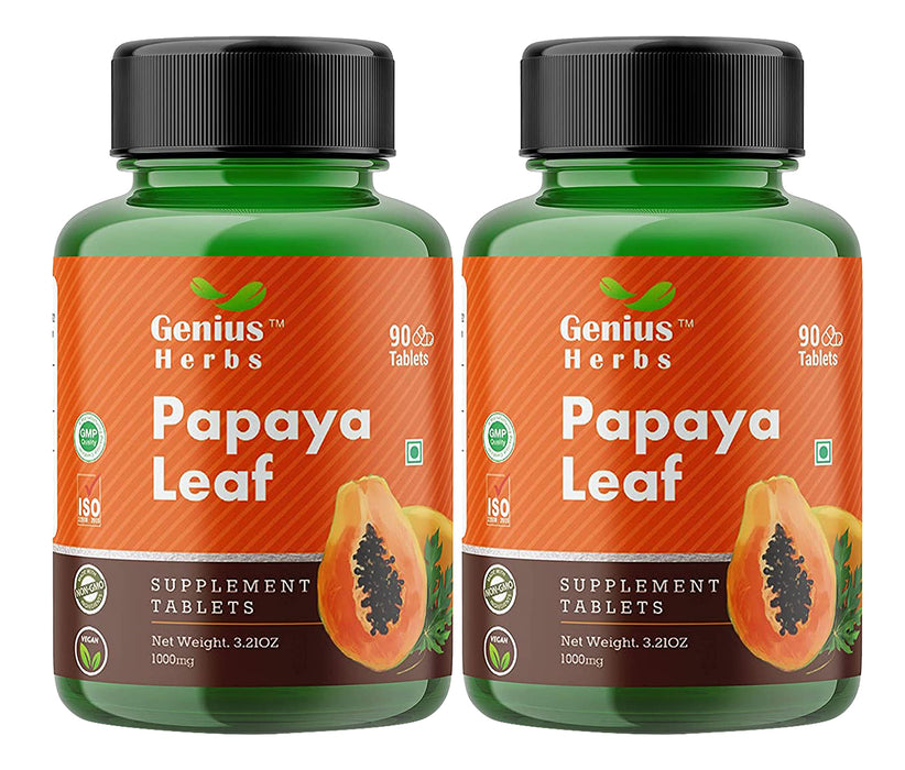 Genius Herbs Papaya Leaf Tablets 1000 mg Per Serving | Carica Papaya Leaf Tablets 500 mg 180 no.s| Boosts Immunity | Natural Detox | 45 Days Supply (Pack of 2)