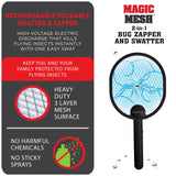 Magic Mesh 2 in 1 Bug Zapper & Swatter- Rechargeable Electric Swatter & Night Zapping Lamp- Zapping Racket Kills Mosquitos, Flies, & Insects Outdoors or Indoors