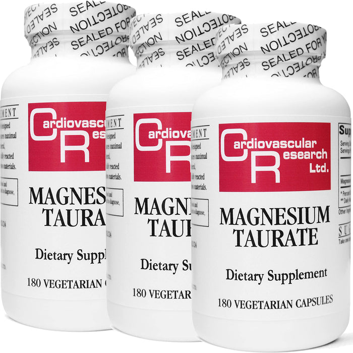 Cardiovascular Research Magnesium Taurate - 125 mg Elemental Magnesium - 180 Veggie Caps in Each Sealed Bottle - 3 Bottles - 540 Vegetarian Capsules