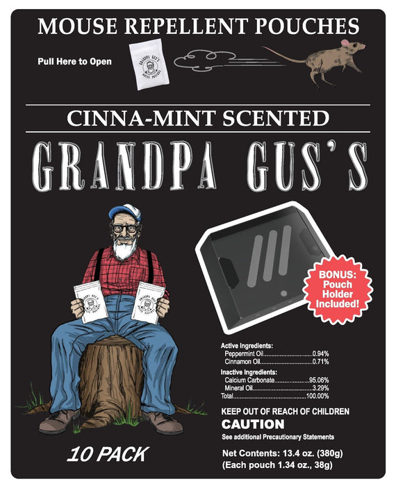 Grandpa Gus's Extra-Strength Mouse Repellent (10 Pouches) Bundled with a Pouch Holder, Cinnamon/Peppermint Oils Repel Mice from Nesting & Freshen Air in Car/RV/Boat/Garage/Shed/Cabin