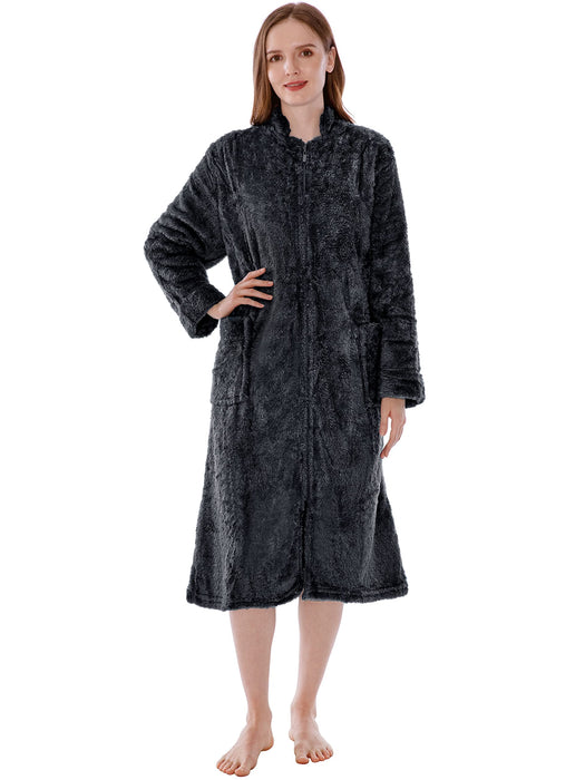 PAVILIA Womens Housecoat Zip Robe, Sherpa Zip Up Front Robe Bathrobe, Fuzzy Warm Zipper House Coat Lounger for Women Ladies Elderly with Pockets, Fluffy Fleece Long - Black (Large/X-Large)