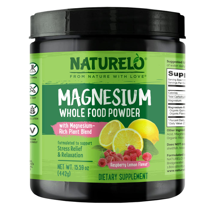 NATURELO Whole Food Magnesium Powder - Supports Stress Relief, Relaxation, Raspberry Lemon Flavor - 85 Servings | 15 oz