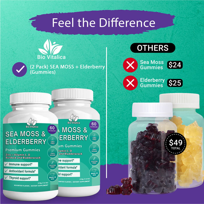 (2 Pack) Sea Moss Gummies Elderberry BioVitalica - Vitamin C D + Zinc - Irish Seamoss Vegan Gummy with Sea Moss Gel & Powder for Immunity Detox & Energy - for Adults and Kids