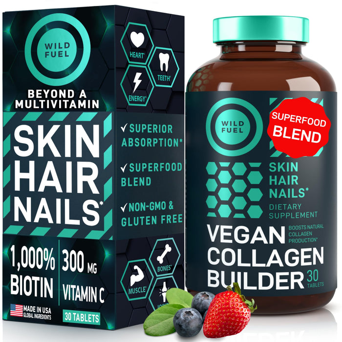Vegan Collagen Builder Tablets - Cruelty-Free Vegan Collagen Supplements - Organic Plant Based Collagen Booster for Younger-Looking Skin, Strong Hair, Nails, Joints - 30 Non-GMO Biotin Collagen Pills