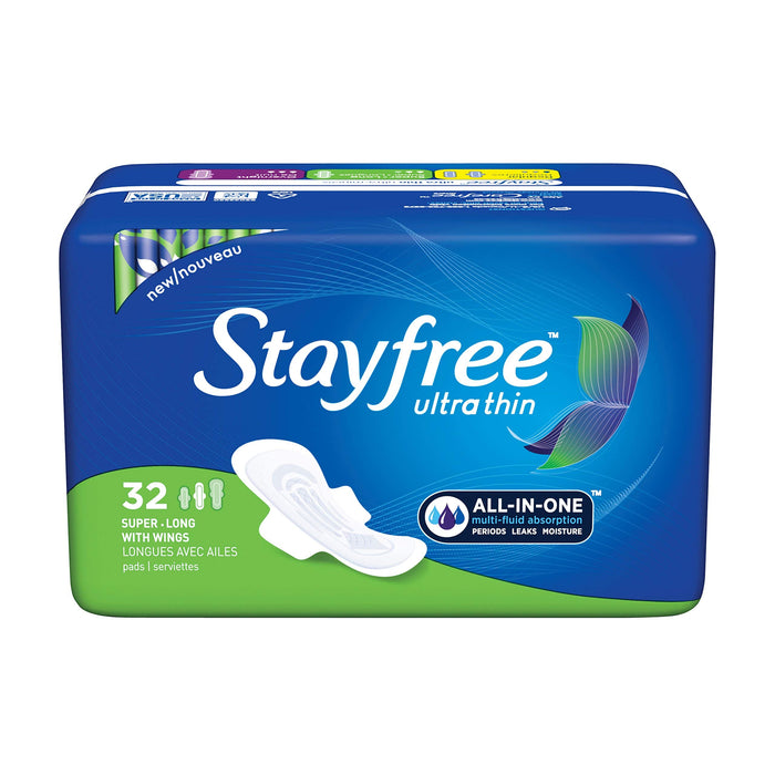 Stayfree Ultra Thin Super Long Pads with Wings For Women, Reliable Protection and Absorbency of Feminine Moisture, Leaks and Periods, 32 count - Pack of 4