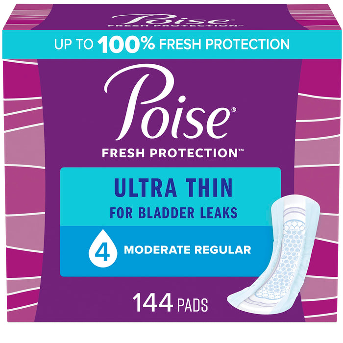 Poise Ultra Thin Incontinence Pads & Postpartum Incontinence Pads, 4 Drop Moderate Absorbency, Regular Length, 144 Count (3 Packs of 48), Packaging May Vary