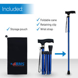 RMS Folding Cane - Foldable, Adjustable, Lightweight Aluminum Offset Walking Cane - Collapsible Walking Stick with Ergonomic Derby Handle - Ideal Daily Living Aid for Limited Mobility (Blue)