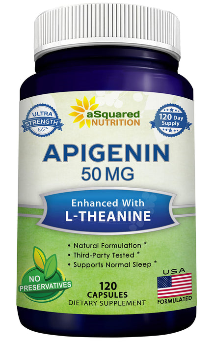 aSquared Nutrition Apigenin 50mg & L-Theanine 200mg - 120 Capsules - Apigenin Supplement Pills for Sleep and Relaxation - Natural Bioflavonoid Extract Found in Chamomile Tea