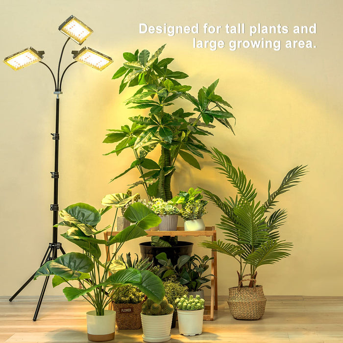 LBW Grow Light with Stand, Tri-Head LED Plant Light for Indoor Plants, Full Spectrum 150 LEDs, 3/6/12H Timer, 6 Dimmable Levels, 3 Switch Modes, Adjustable Tripod Stand 15-63 inches