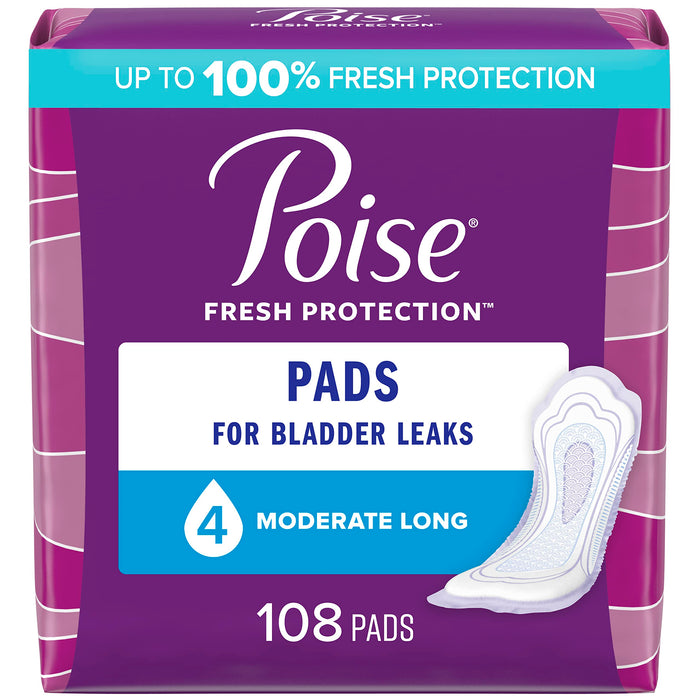 Poise Incontinence Pads & Postpartum Incontinence Pads, 4 Drop Moderate Absorbency, Long Length, 108 Count (2 Packs of 54), Packaging May Vary