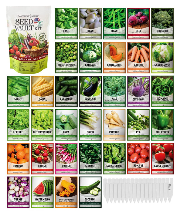 Survival Vegetable Seeds Garden Kit Over 16,000 Seeds Non-GMO and Heirloom, Great for Emergency Bugout Survival Gear 35 Varieties Seeds for Planting Vegetables 35 Plant Markers Gardeners Basics
