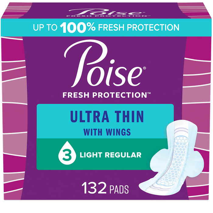 Poise Ultra Thin Incontinence Pads with Wings & Postpartum Incontinence Pads, 3 Drop Light Absorbency, Regular Length, 132 Count (3 Packs 44), Packaging May Vary