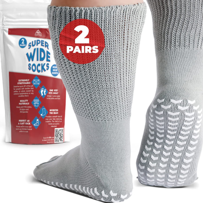 Extra Wide Socks for Swollen Feet Women, Diabetic Socks for Women 9-11, Hospital Socks with Grips for Women, Non Slip Socks Womens, Non Skid Socks for Seniors, Cast Socks Over Cast - 2 Pairs Gray