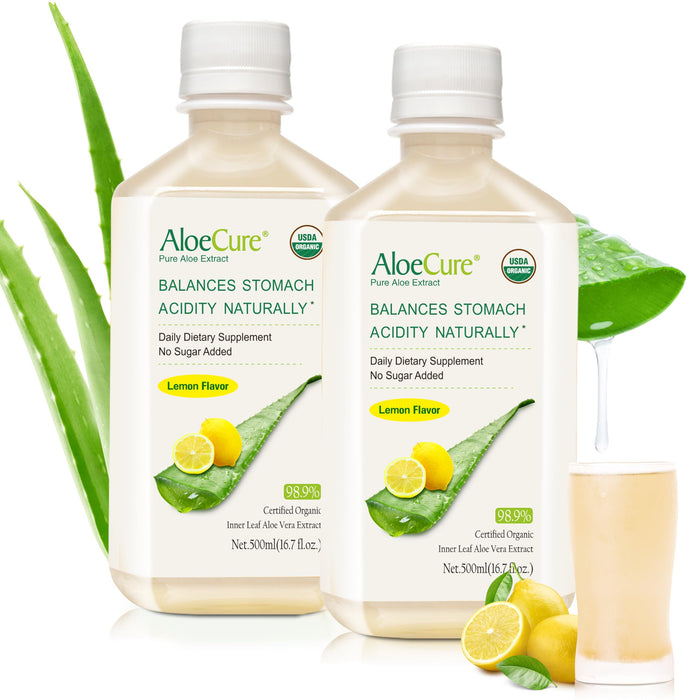 AloeCure USDA Organic Aloe Vera Juice Lemon Flavor - Made Within 12 Hours of Harvest - Natural Stomach Acid Buffer to Support Digestive Comfort, Immune System, and Balanced Stomach Acidity - 2x500ml