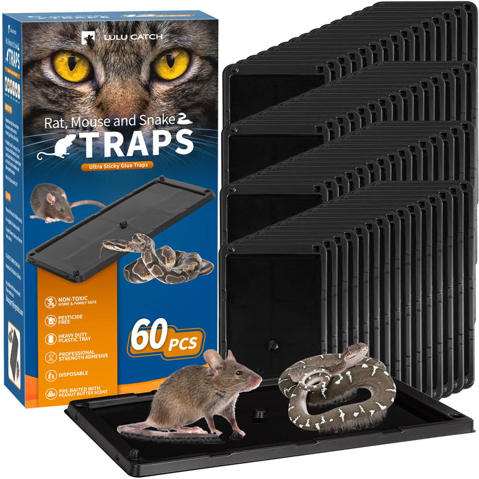 LULUCATCH Sticky Mouse Trap, 60 Pack Large Glue Traps, Pre-Baited Heavy Duty Non-Toxic Bulk Glue Boards Mouse Traps Indoor for Mice, Snakes, Rat, Insects, Cockroaches & Spiders, Pet Safe Easy to Use