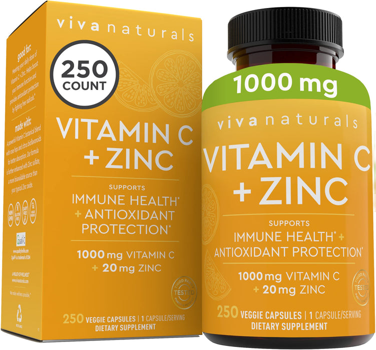 Viva Naturals Vitamin C 1000mg with Zinc 20mg, Rose Hips, Citrus Bioflavonoids - Immune Support & Powerful Antioxidant (250 Veggie Capsules)