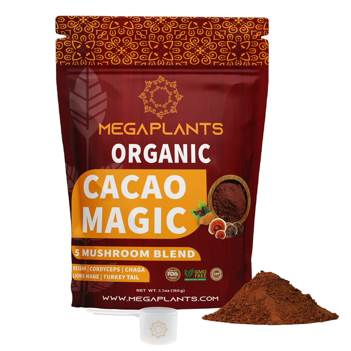 MegaPlants Cacao Magic (50 Servings) | Superfood 5 Mushroom Blend for Focus, Clarity & Energy | Lions Mane, Reishi, Chaga, Cordyceps, Turkey Tail | Smoothie, Hot Chocolate, Coffee Alternative