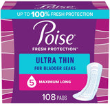 Poise Ultra Thin Incontinence Pads & Postpartum Incontinence Pads, 5 Drop Maximum Absorbency, Long Length, 108 Count (3 Packs of 36), Packaging May Vary