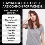 Vegan Iron Supplements for Women with Folic Acid - 168% Folate Folic Acid, 194% Ferrous Sulfate Blood Builder Iron Pills for Women with Anemia and Pregnant Women - 60 Gluten-Free Gentle Iron Tablets