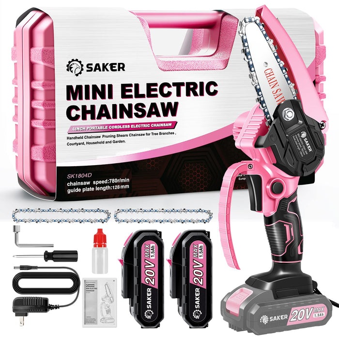 Saker Mini Chainsaw,Portable Electric Pink Mini Chainsaw Cordless,Handheld Chainsaw for Tree Branches,Courtyard, Household and Garden,By 2PCS 20V 1500mAh Batteries and 3 PCS Chains