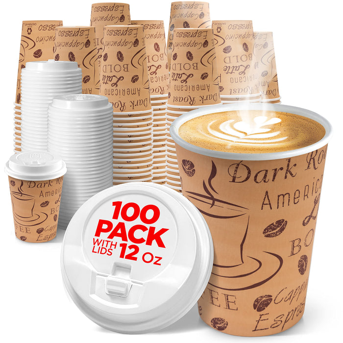 Disposable Coffee Cups with Lids 12 oz (100 Pack) - To Go Paper Coffee Cups for Hot & Cold Beverages, Coffee, Tea, Hot Chocolate, Water, Juice - Eco Friendly