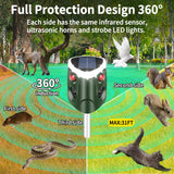 Outdoor Solar Animal Repeller, 360° Ultrasonic Animal Repeller, Animal Deterrent Rodent Repeller with 3-Side Motion Activated Flashing Lights,Solar Powered Dog Repellent for Cat Raccoon Rabbit Deer