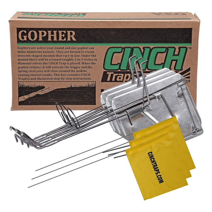 Cinch Gopher Trap Kit - Professional-Grade Gopher Traps That Work Best, Heavy Duty, Reusable Rodent Trapping System - Ideal for Lawns, Gardens, Ranches, and More - Outdoor Use, Small (3 Pack)