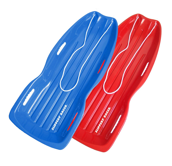 Slippery Racer Downhill Xtreme Flexible Adults and Kids Plastic Toboggan Snow Sled for Up to 2 Riders with Pull Rope, (2 Pack) (Red/Blue)