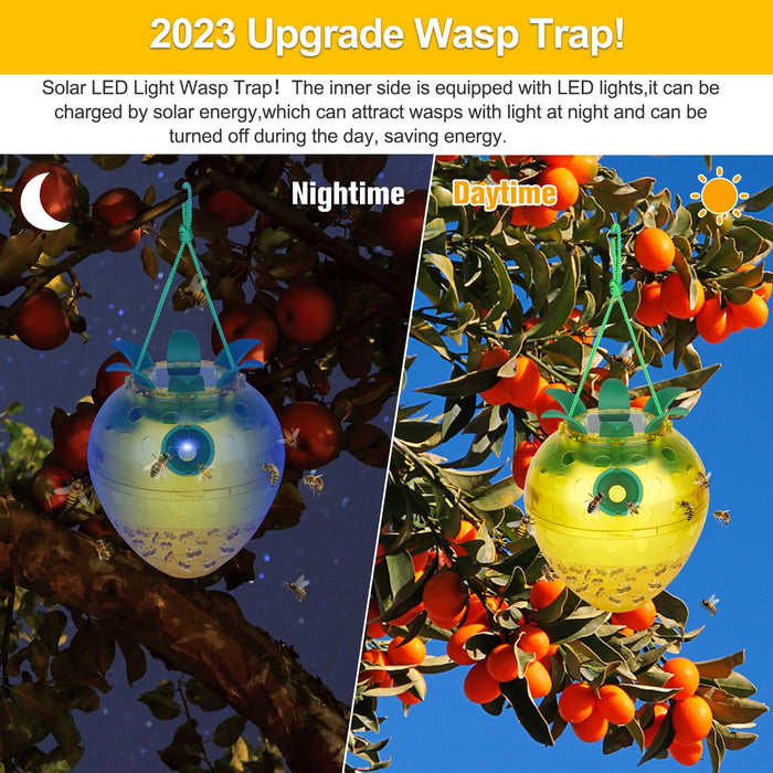 Solar Wasp Traps Outdoor Hanging, 2024 New Upgrade Yellow Jacket Wasp Catcher for Trapping Hornet, Non-Toxic Reusable Wasp Catcher for Outdoors Trapping Wasp with LED Light (Yellow, 2 Pack)