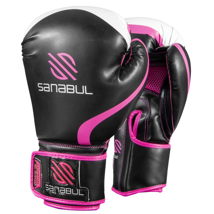 Sanabul Essential Gel Boxing Gloves | Kickboxing Gloves | Punching Bag Gloves For Men and Women, Black/Pink 14 oz