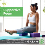 Gaiam Yoga Block 2 Pack & Yoga Strap Combo Set - Yoga Blocks with Strap, Pilates & Yoga Props to Help Extend & Deepen Stretches, Yoga Kit for Stability, Balance & Optimal Alignment - Grey