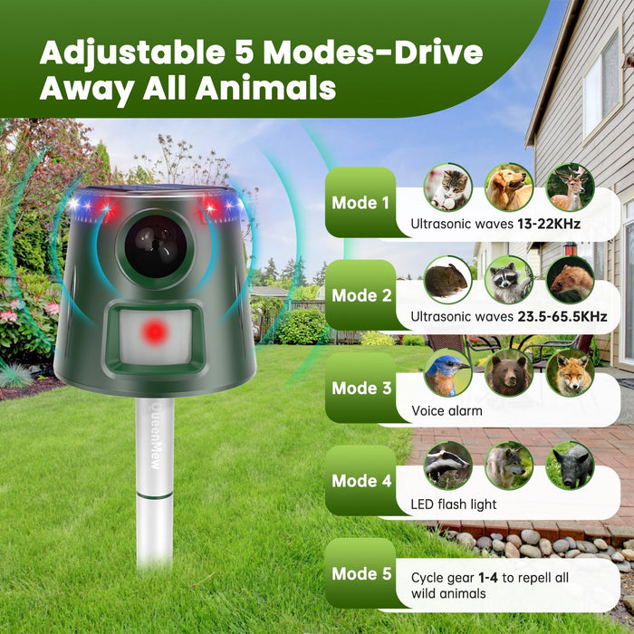 Ultrasonic Animal Repellent Solar Powered, Waterproof Outdoor Animal Repeller Deterrent with PIR Motion Sensor & Flashing Light, Outdoor Repellent Device for Rat, Squirrel, Deer, Bird for Farm Yard