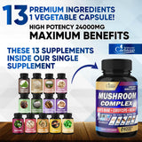 24000mg Mushroom Complex Supplements - Brain, Memory, Energy Production & Immune System - 13in1 Concentrated with Lions Mane Mushroom, Reishi, Turkey Tail, Maitake, Chaga & More - 90 Capsules