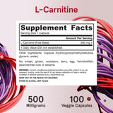 Jarrow Formulas L-Carnitine 500 mg - 100 Veggie Licaps - Important Cofactor for Energy Production (ATP) from Fats - Dietary Supplement - Vegan - Up to 100 Servings
