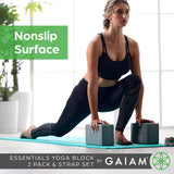 Gaiam Yoga Block 2 Pack & Yoga Strap Combo Set - Yoga Blocks with Strap, Pilates & Yoga Props to Help Extend & Deepen Stretches, Yoga Kit for Stability, Balance & Optimal Alignment - Grey