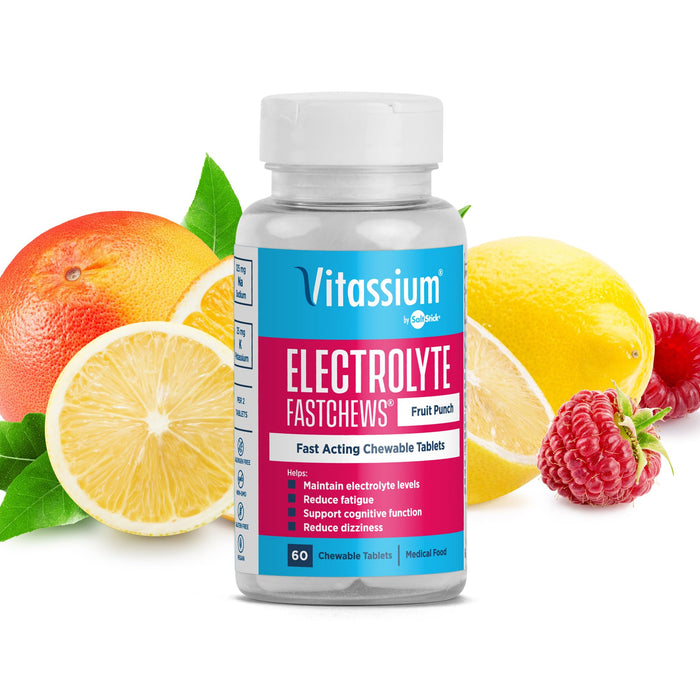 Vitassium FastChews - Chewable Electrolytes for POTS Syndrome Support - Salt Tablets with Sodium and Potassium for Quick Relief - 60 Fruit Punch Flavored Electrolyte Tablets Per Bottle