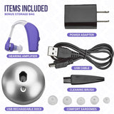 Digital Hearing Aid Amplifier Set - Rechargeable Behind the Ear Personal Sound Amplification Device - for Adults and Seniors with All-Day Battery Life, (Single Unit, Purple)