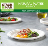100% Compostable 9 Inch Heavy-Duty [125-Pack] Eco-Friendly Disposable White Bagasse Plate, Made of Natural Sugarcane Fibers - 9" Biodegradable Paper Plates by Stack Man
