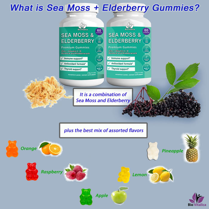 (2 Pack) Sea Moss Gummies Elderberry BioVitalica - Vitamin C D + Zinc - Irish Seamoss Vegan Gummy with Sea Moss Gel & Powder for Immunity Detox & Energy - for Adults and Kids