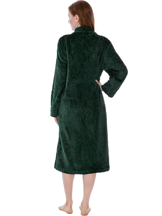 PAVILIA Womens Housecoat Zip Robe, Sherpa Zip Up Front Robe Bathrobe, Fuzzy Warm Zipper House Coat Lounger for Women Ladies Elderly with Pockets, Fluffy Fleece Long - Emerald Green (Small/Medium)