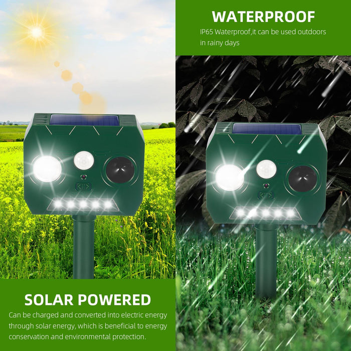 2Pcs Ultrasonic Pest Repellent Outdoor Solar Animal Repeller with Motion Detection&LED Flash Lights Deer Deterrent Devices to Repel Dog Cat Squirrel Raccoon Rabbit Bird Mice Skunk Repellent for Yard