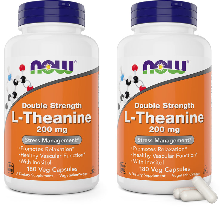 Now Foods L-Theanine, Double Strength 200 mg Per Cap - 180 Veg Capsules (Pack of 2) (360 Total caps) - Enhanced with 100mg Inositol - Vegetarian, Non-GMO - Ltheanine 200mg Supplement