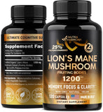 Organic Lions Mane - Certified Mushroom Supplement - Made in USA - Fruiting Bodies Extract - 1200 mg, 25% Polysaccharides - Memory & Focus - As Lions Powder, Liquid - 120 Capsules, 2 Month Supply