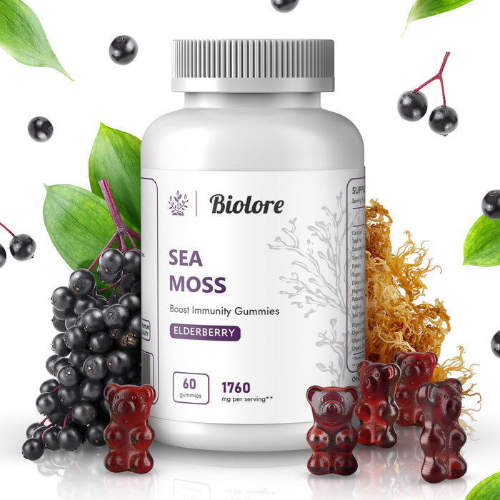 Biolore Sea Moss Gummies with Elderberry, Contains Irish Sea Moss, Organic Extract, Burdock Root, Bladderwrack, 60 pcs Seamoss Gel Gummies for Thyroid, Immune Support