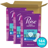 Poise Ultra Thin Incontinence Pads & Postpartum Incontinence Pads, 4 Drop Moderate Absorbency, Regular Length, 144 Count (3 Packs of 48), Packaging May Vary