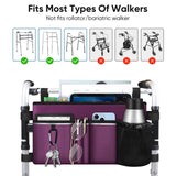 FINPAC Large Walker Tote Bag with Cup Holder, Folding Walker Attachment Hands-Free Storage Basket Mobility Aid Accessory Pouch for Elderly, Senior, Purple