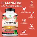 D-Mannose 1,300 mg with Cranberry Extract Fast-Acting, Flush Impurities, Natural Urinary Tract Health- 100 Veggie Capsules