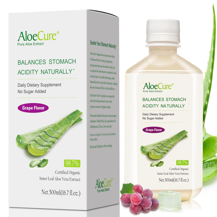 AloeCure USDA Organic Aloe Vera Juice Grape Flavor, Made Within 12 Hours of Harvest - Pure Aloe Juice For Natural Digestive & Immune Support, Naturally Supports Balanced Stomach Acidity, 16.7oz Bottle