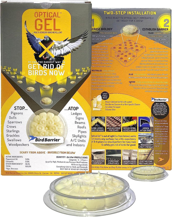 Bird Barrier Optical Gel (24 Pack) · Get rid of Birds: Pigeons, woodpeckers, Gulls, Crows, starlings, mud Swallows on ledges, Signs, Balconies, soffits, Beams, skylights, Signs, Roofs, HVAC, etc.
